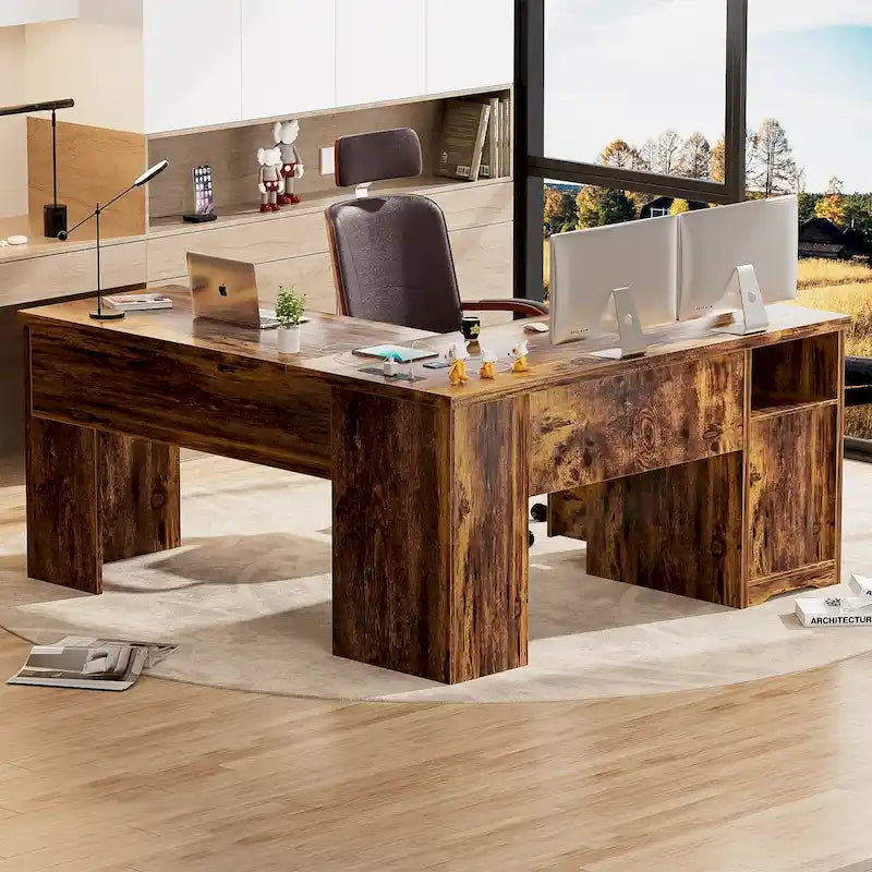 Bureau d'angle en L moderne style ferme avec plateau relevable, tiroirs pour dossiers et station de charge pour le bureau à domicile