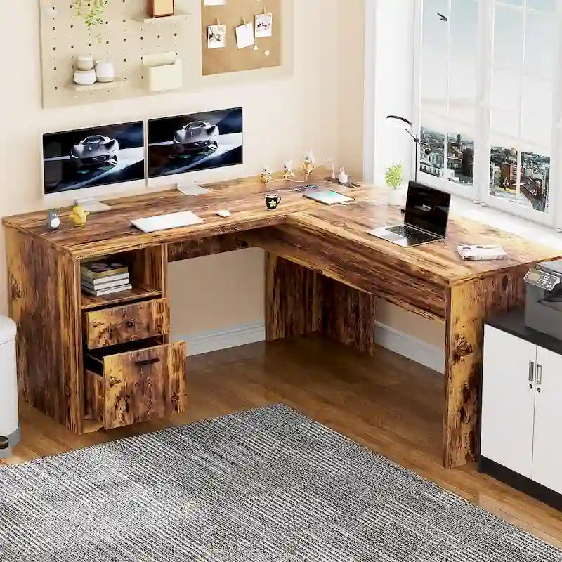 Bureau d'angle en L moderne style ferme avec plateau relevable, tiroirs pour dossiers et station de charge pour le bureau à domicile
