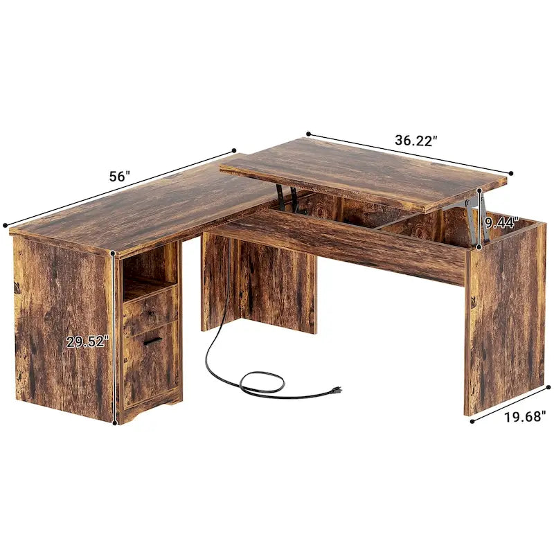 Bureau d'angle en L moderne style ferme avec plateau relevable, tiroirs pour dossiers et station de charge pour le bureau à domicile
