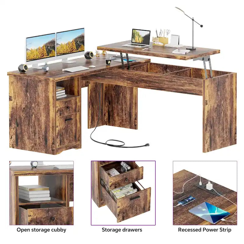 Bureau d'angle en L moderne style ferme avec plateau relevable, tiroirs pour dossiers et station de charge pour le bureau à domicile