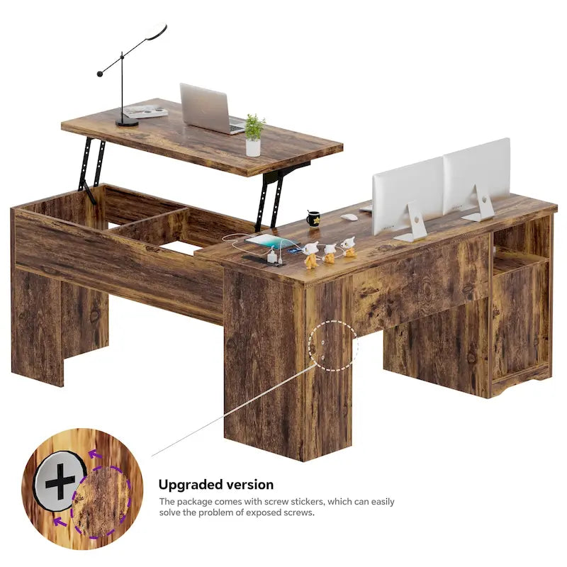 Bureau d'angle en L moderne style ferme avec plateau relevable, tiroirs pour dossiers et station de charge pour le bureau à domicile