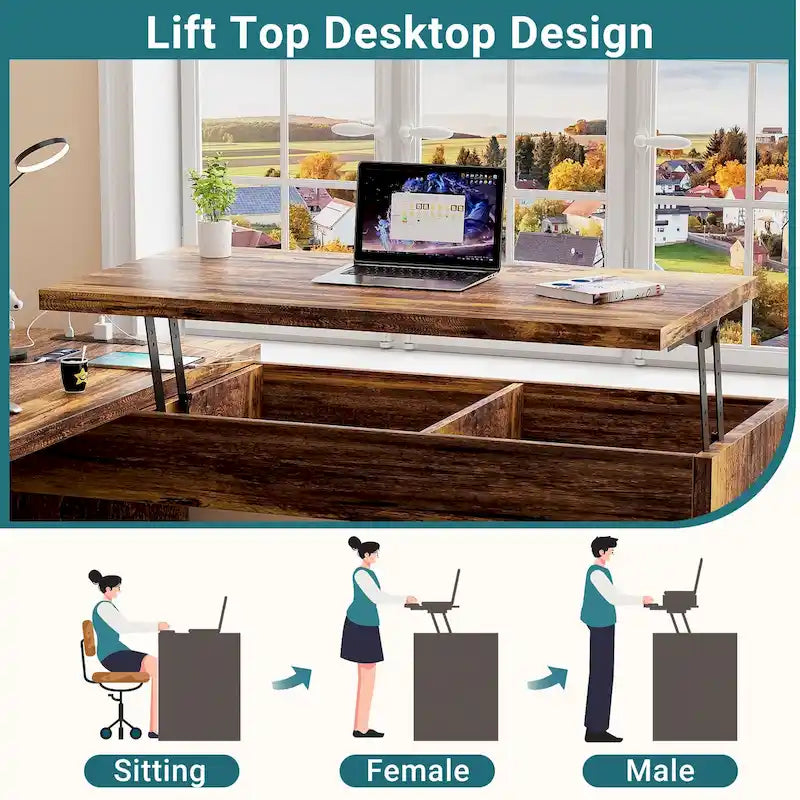 Bureau d'angle en L moderne style ferme avec plateau relevable, tiroirs pour dossiers et station de charge pour le bureau à domicile
