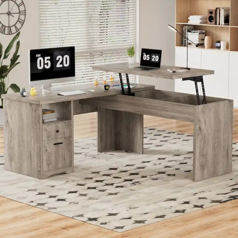 Bureau d'angle en L moderne style ferme avec plateau relevable, tiroirs pour dossiers et station de charge pour le bureau à domicile