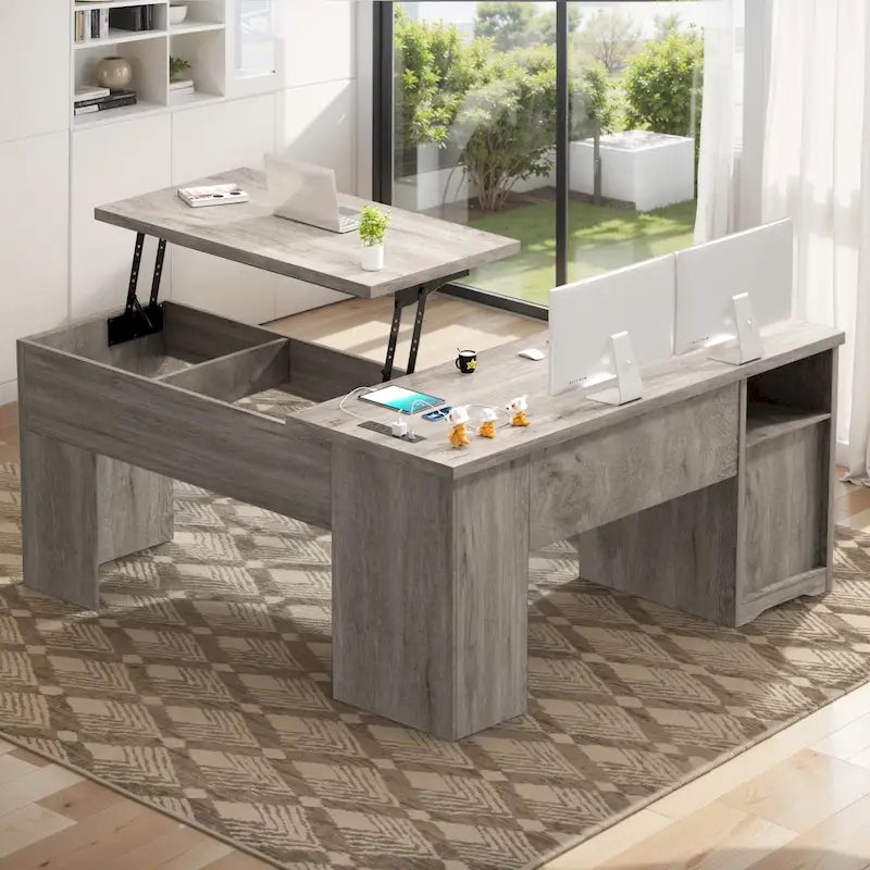 Bureau d'angle en L moderne style ferme avec plateau relevable, tiroirs pour dossiers et station de charge pour le bureau à domicile