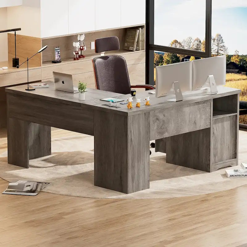 Bureau d'angle en L moderne style ferme avec plateau relevable, tiroirs pour dossiers et station de charge pour le bureau à domicile
