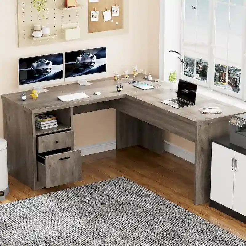 Bureau d'angle en L moderne style ferme avec plateau relevable, tiroirs pour dossiers et station de charge pour le bureau à domicile