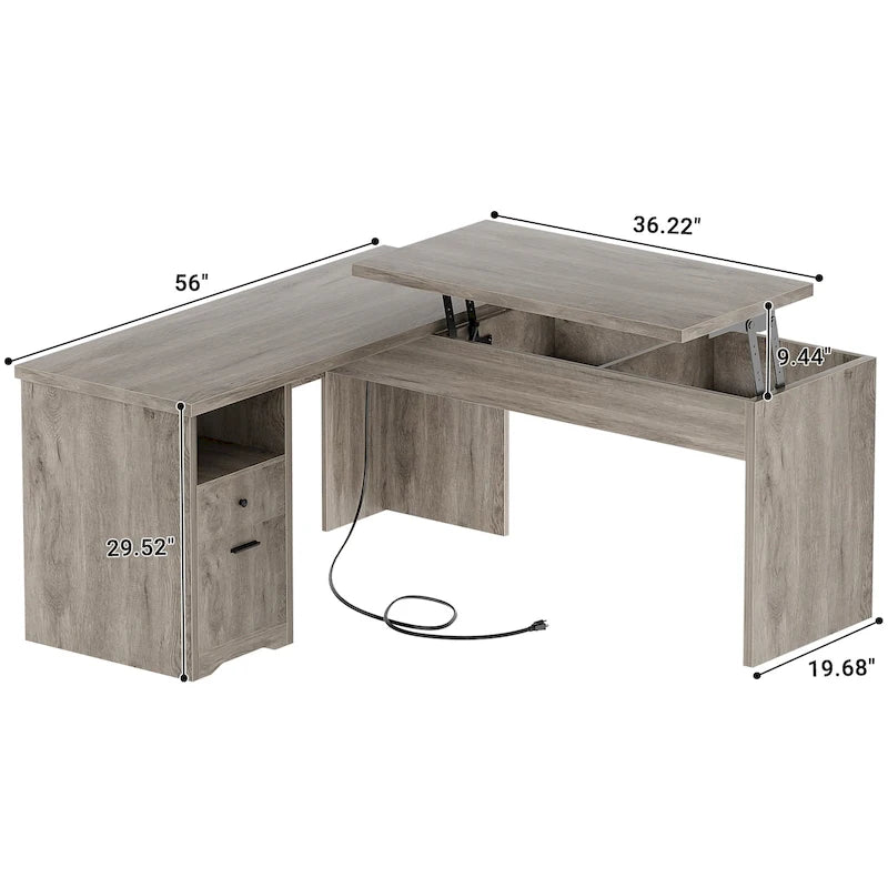 Bureau d'angle en L moderne style ferme avec plateau relevable, tiroirs pour dossiers et station de charge pour le bureau à domicile