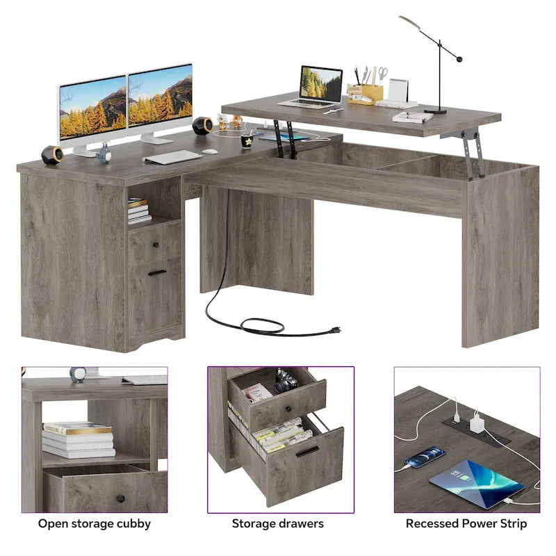Bureau d'angle en L moderne style ferme avec plateau relevable, tiroirs pour dossiers et station de charge pour le bureau à domicile