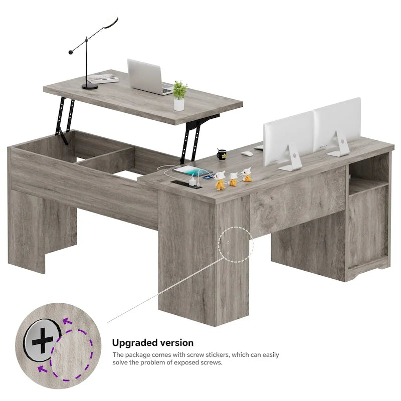 Bureau d'angle en L moderne style ferme avec plateau relevable, tiroirs pour dossiers et station de charge pour le bureau à domicile