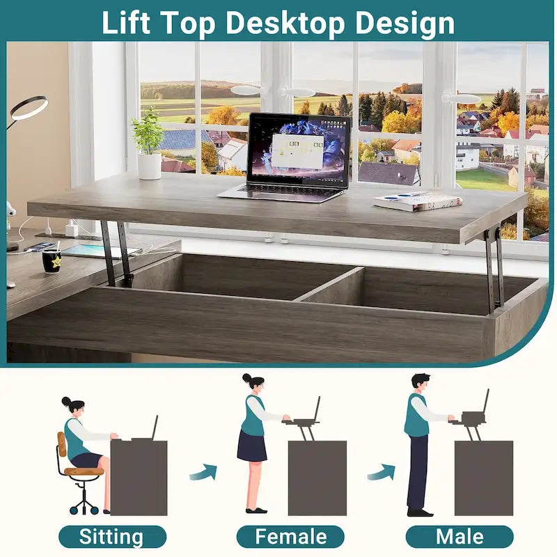 Bureau d'angle en L moderne style ferme avec plateau relevable, tiroirs pour dossiers et station de charge pour le bureau à domicile