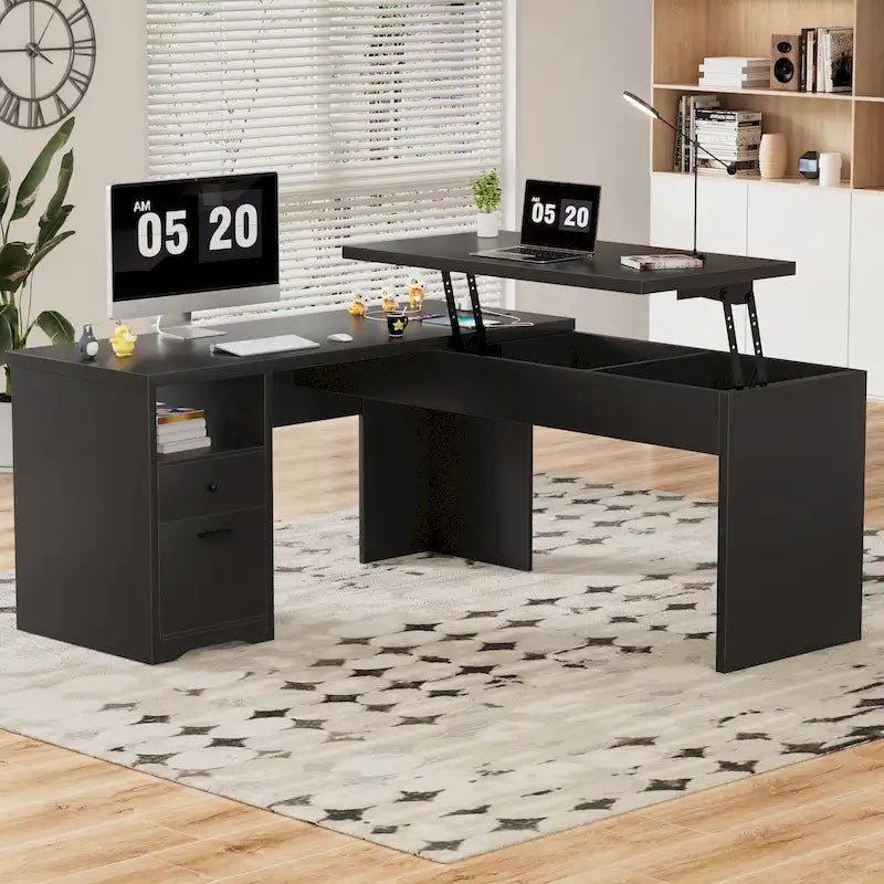 Bureau d'angle en L moderne style ferme avec plateau relevable, tiroirs pour dossiers et station de charge pour le bureau à domicile
