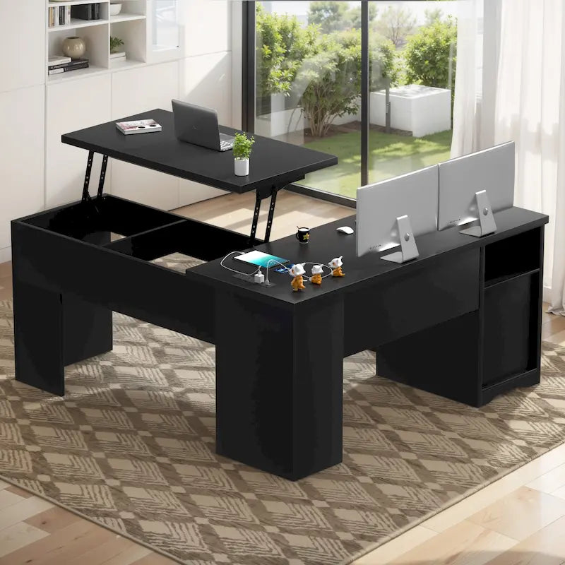 Bureau d'angle en L moderne style ferme avec plateau relevable, tiroirs pour dossiers et station de charge pour le bureau à domicile