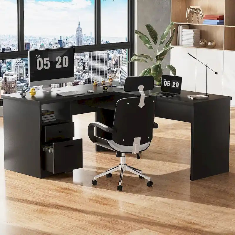 Bureau d'angle en L moderne style ferme avec plateau relevable, tiroirs pour dossiers et station de charge pour le bureau à domicile