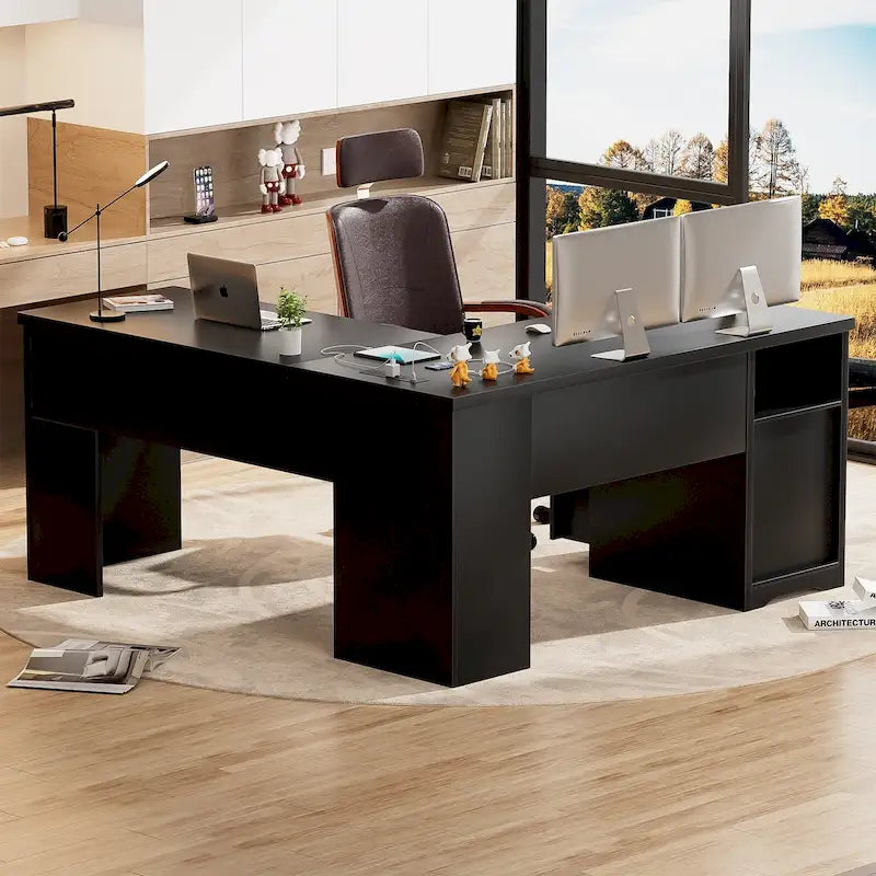 Bureau d'angle en L moderne style ferme avec plateau relevable, tiroirs pour dossiers et station de charge pour le bureau à domicile