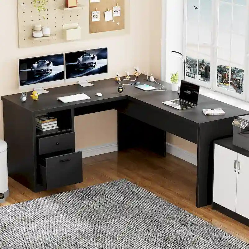 Bureau d'angle en L moderne style ferme avec plateau relevable, tiroirs pour dossiers et station de charge pour le bureau à domicile