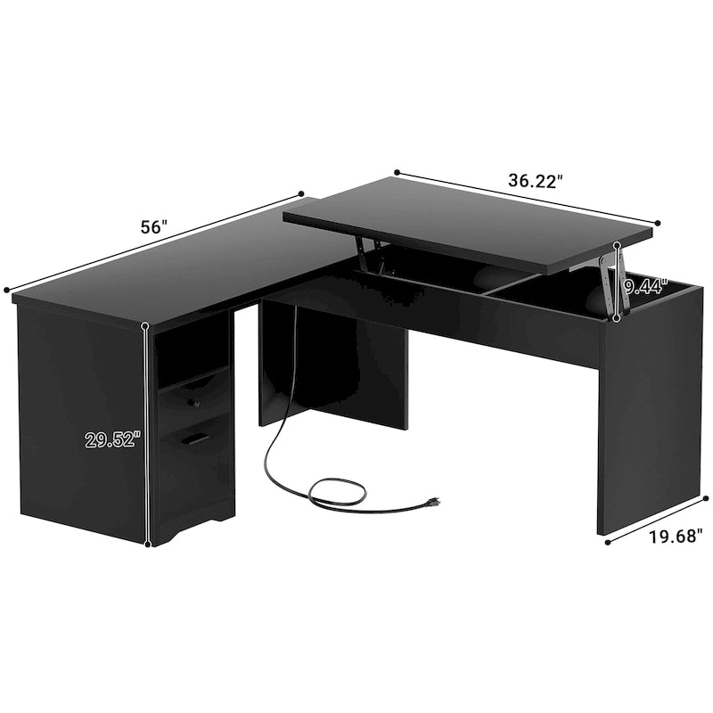 Bureau d'angle en L moderne style ferme avec plateau relevable, tiroirs pour dossiers et station de charge pour le bureau à domicile