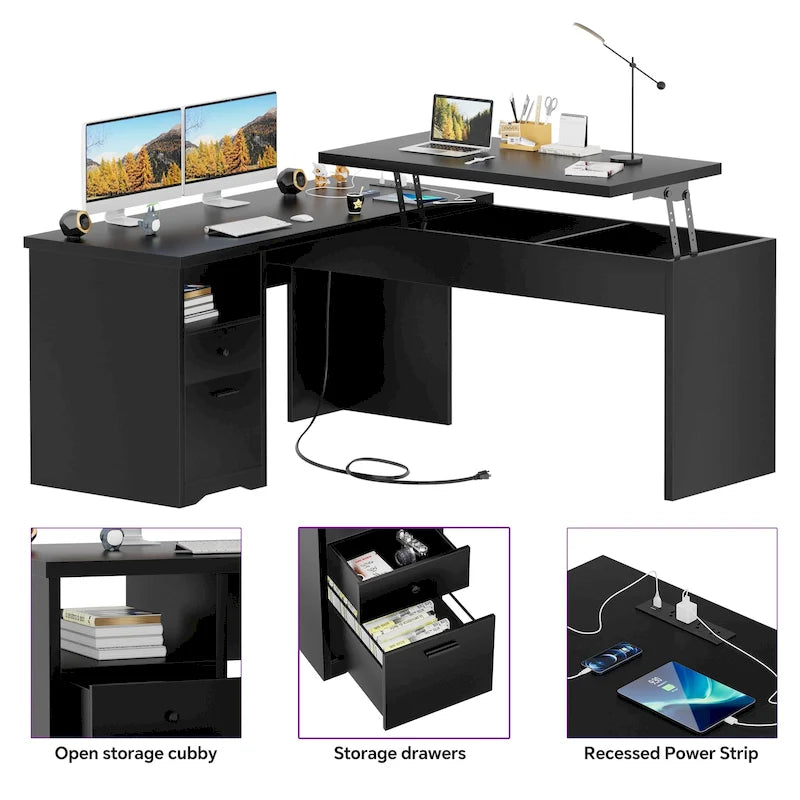 Bureau d'angle en L moderne style ferme avec plateau relevable, tiroirs pour dossiers et station de charge pour le bureau à domicile