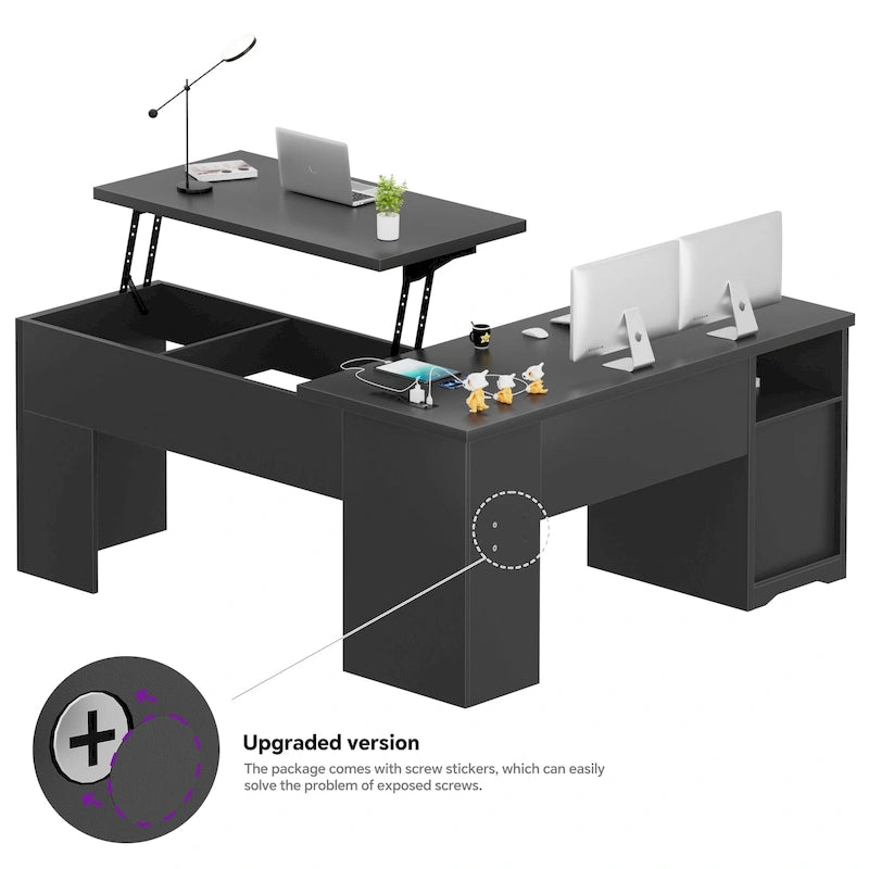 Bureau d'angle en L moderne style ferme avec plateau relevable, tiroirs pour dossiers et station de charge pour le bureau à domicile
