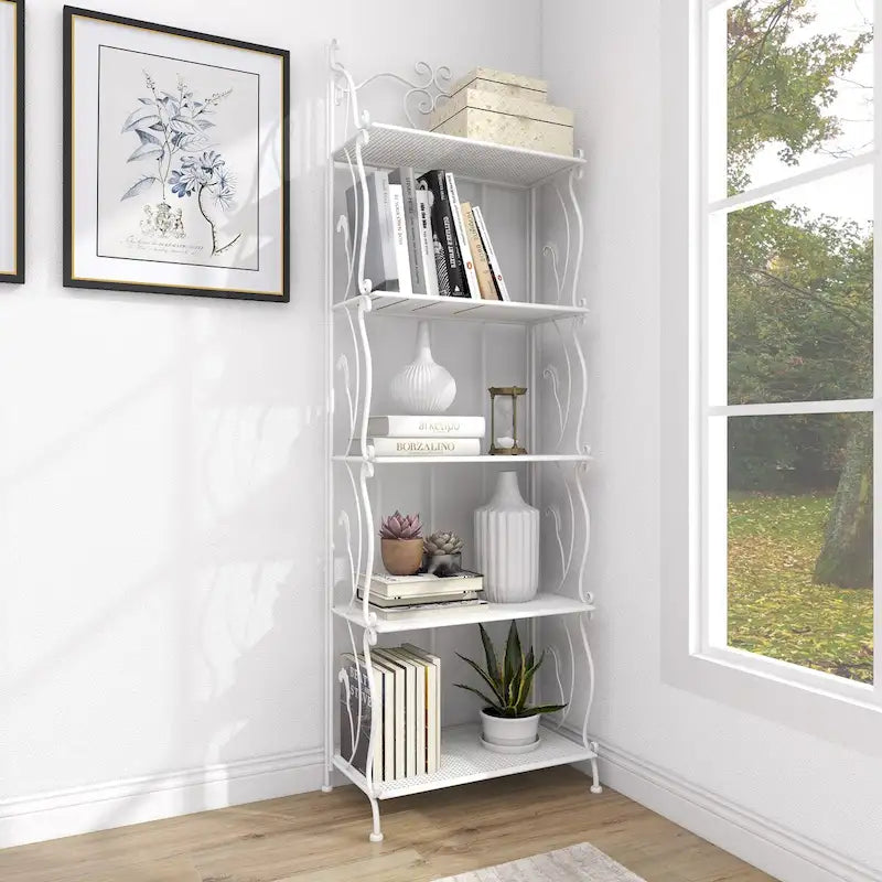 Étagère de boulanger à 5 niveaux pliable haute en métal à volutes pour intérieur/extérieur – Or ou blanc