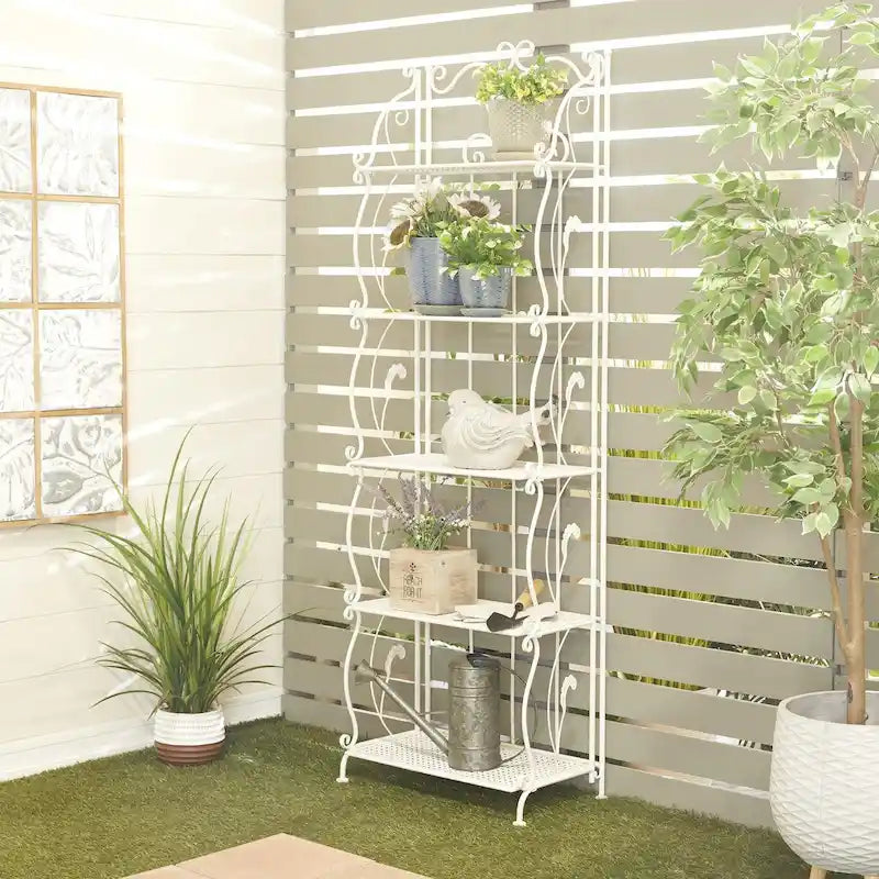Étagère de boulanger à 5 niveaux pliable haute en métal à volutes pour intérieur/extérieur – Or ou blanc