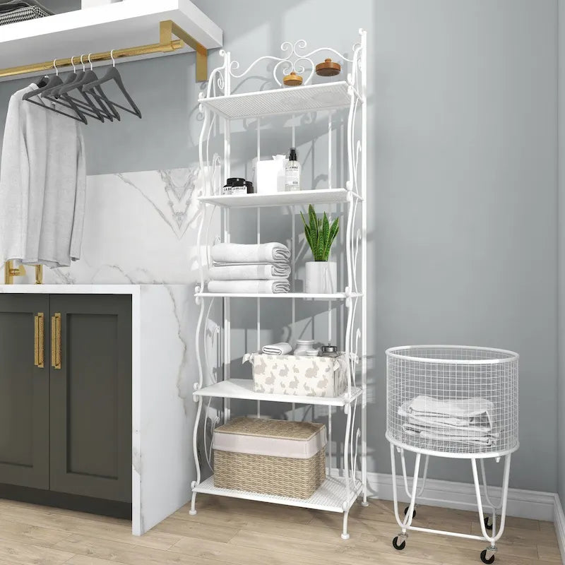 Étagère de boulanger à 5 niveaux pliable haute en métal à volutes pour intérieur/extérieur – Or ou blanc