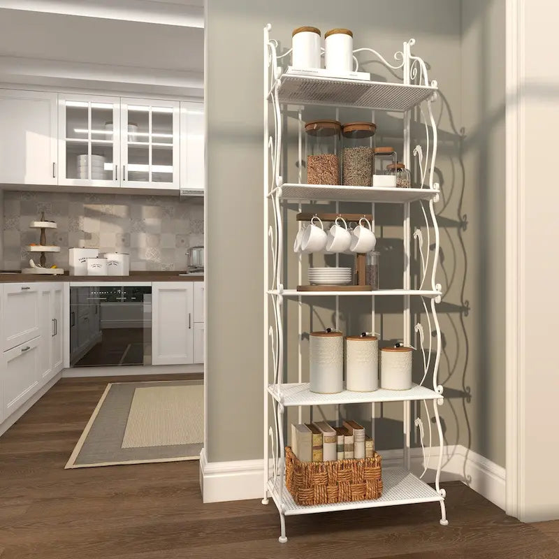 Étagère de boulanger à 5 niveaux pliable haute en métal à volutes pour intérieur/extérieur – Or ou blanc