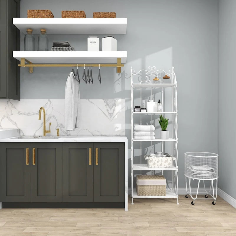 Étagère de boulanger à 5 niveaux pliable haute en métal à volutes pour intérieur/extérieur – Or ou blanc