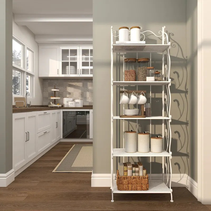 Étagère de boulanger à 5 niveaux pliable haute en métal à volutes pour intérieur/extérieur – Or ou blanc