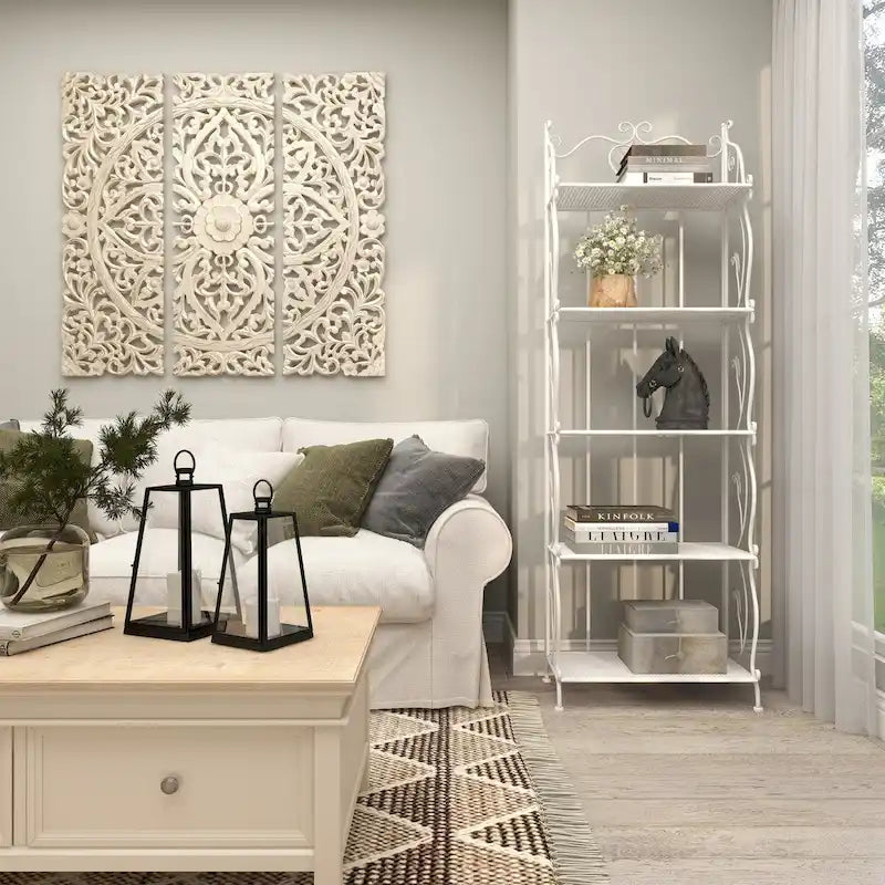 Étagère de boulanger à 5 niveaux pliable haute en métal à volutes pour intérieur/extérieur – Or ou blanc