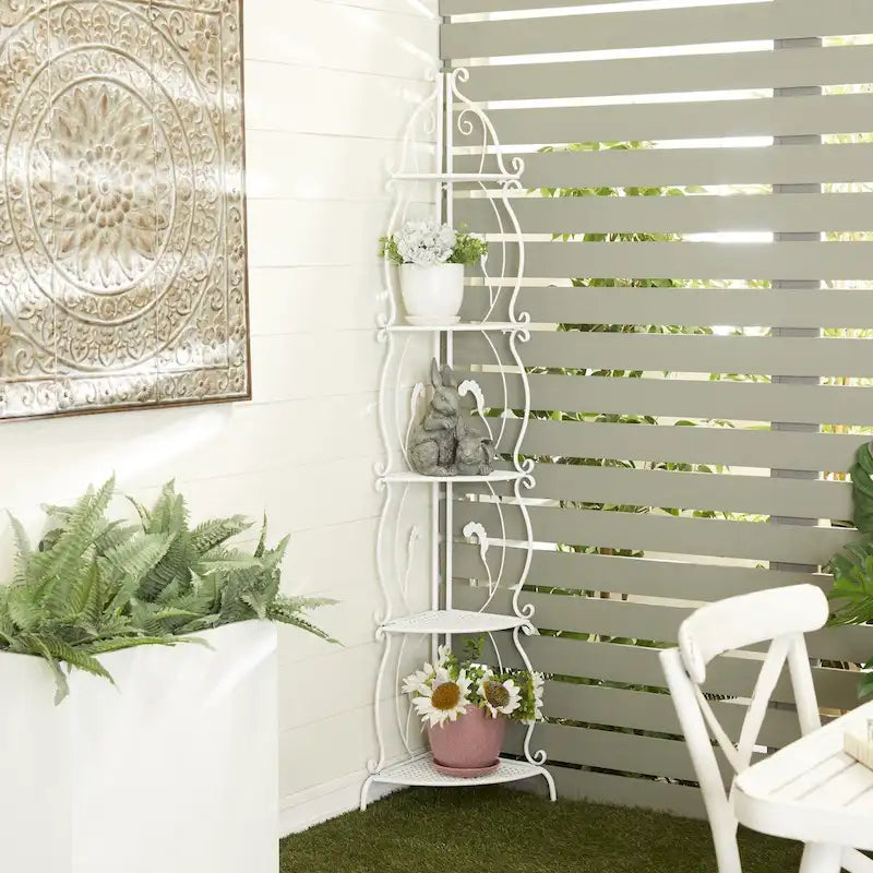 Étagère de boulanger à 5 niveaux pliable haute en métal à volutes pour intérieur/extérieur – Or ou blanc