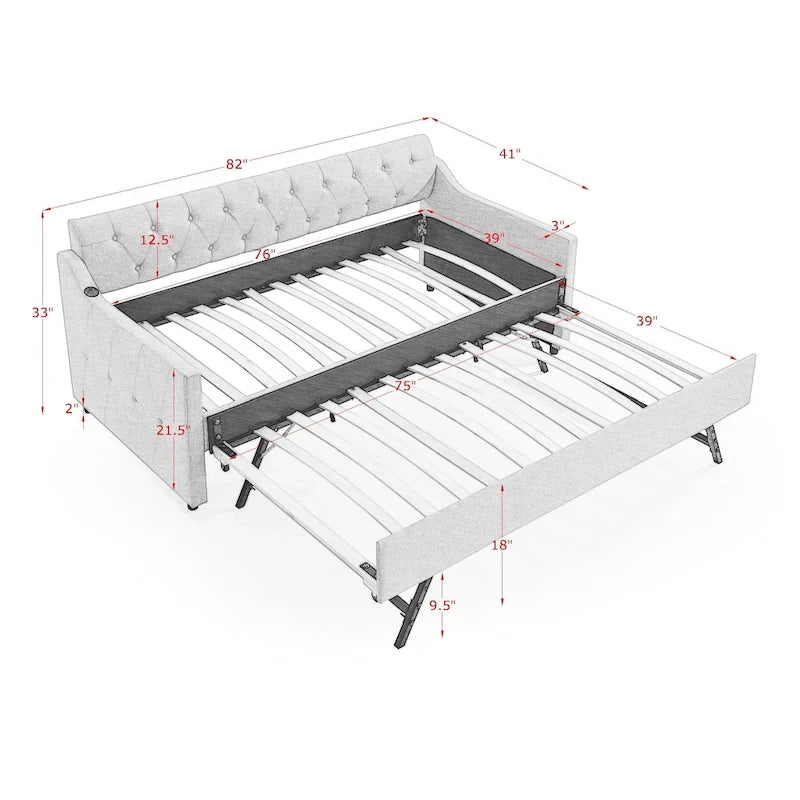 Lit de repos rembourré simple avec lit gigogne relevable simple et ports de recharge USB